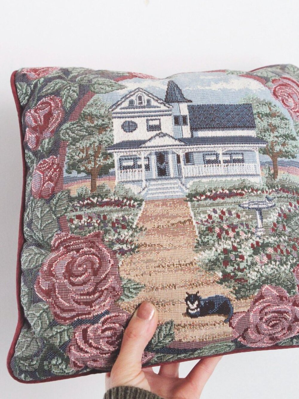 Vintage Tapestry Throw Pillow Country House Floral Cat Cottagecore Decor - Picture 5 of 5